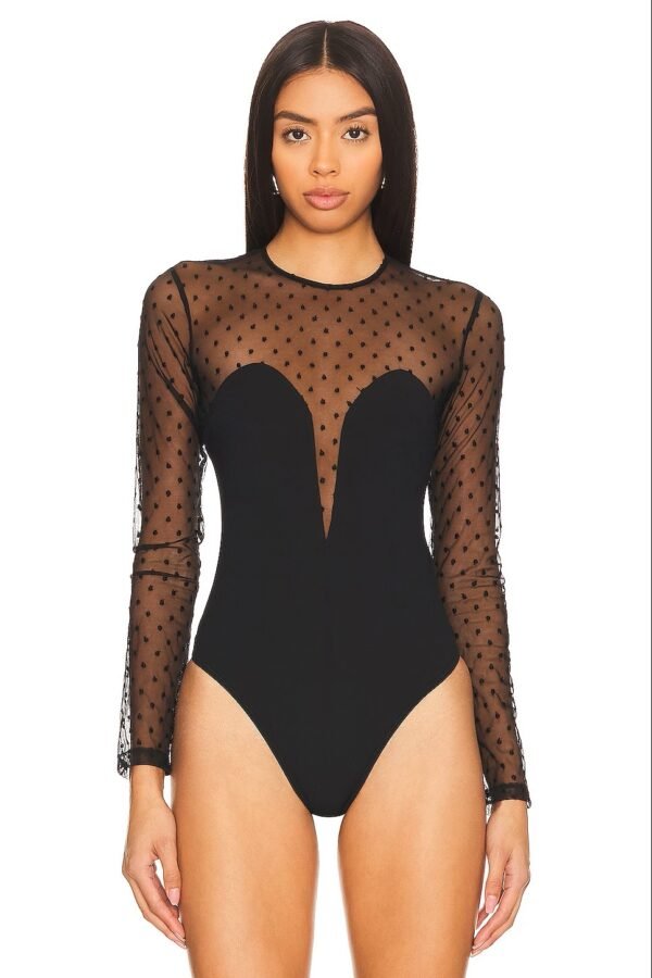 Image of Dotty and Jersey Plunge Bodysuit, showcasing its stylish design with dotty patterns and soft jersey fabric for a flattering and elegant look Image of Dotty and Jersey Plunge Bodysuit, showcasing its stylish design with dotty patterns and soft jersey fabric for a flattering and elegant look