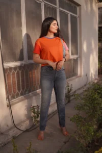 : Image of High Waist Straight Leg Jeans - Classic denim jeans with a flattering high waist and straight leg silhouette, perfect for timeless style and comfort.