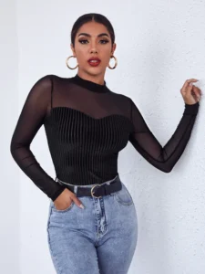 Black Stand Collar Long Sleeve Top with Sheer Mesh Details - Elevate your casual style with this slim fit top featuring contrast mesh and rib-knit accents