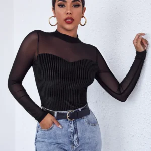 Black Stand Collar Long Sleeve Top with Sheer Mesh Details - Elevate your casual style with this slim fit top featuring contrast mesh and rib-knit accents