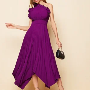 Image of a bridesmaid wearing an elegant one-shoulder dress with ruffle details and a pleated hanky hem, adding a romantic touch to the wedding party ensemble