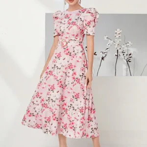 Image of a woman wearing a SHEIN Allover Floral Print Puff Sleeve Belted Dress, highlighting its floral print, puff sleeves, and belted waist for a stylish and feminine look