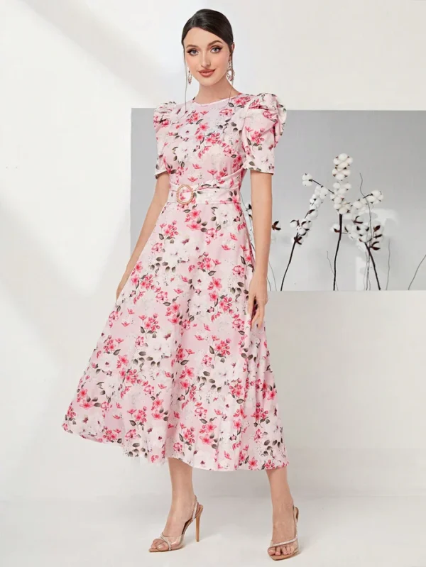 Image of a woman wearing a SHEIN Allover Floral Print Puff Sleeve Belted Dress, highlighting its floral print, puff sleeves, and belted waist for a stylish and feminine look