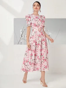 Image of a woman wearing a SHEIN Allover Floral Print Puff Sleeve Belted Dress, highlighting its floral print, puff sleeves, and belted waist for a stylish and feminine look