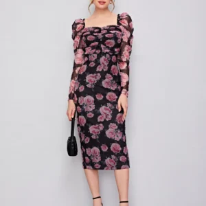 Image of a woman wearing a SHEIN Classic Ruched Detail Gigot Sleeve Floral Mesh Dress, showcasing its elegant floral pattern, graceful gigot sleeves, and intricate ruched detail, ideal for sophisticated occasions