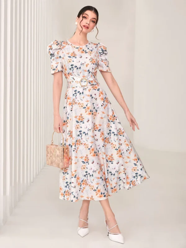 Image of a woman wearing a SHEIN Floral Print Puff Sleeve Dress, showcasing its vibrant floral design and fashionable puff sleeves, perfect for adding a touch of romance to any outfit.