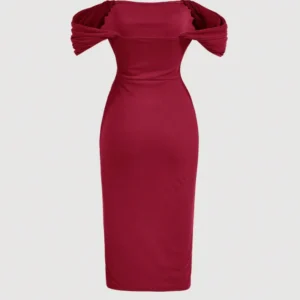 Image of a woman wearing a stylish off-shoulder bodycon dress from SHEIN, featuring ruched side detailing for a flattering fit and trendy look