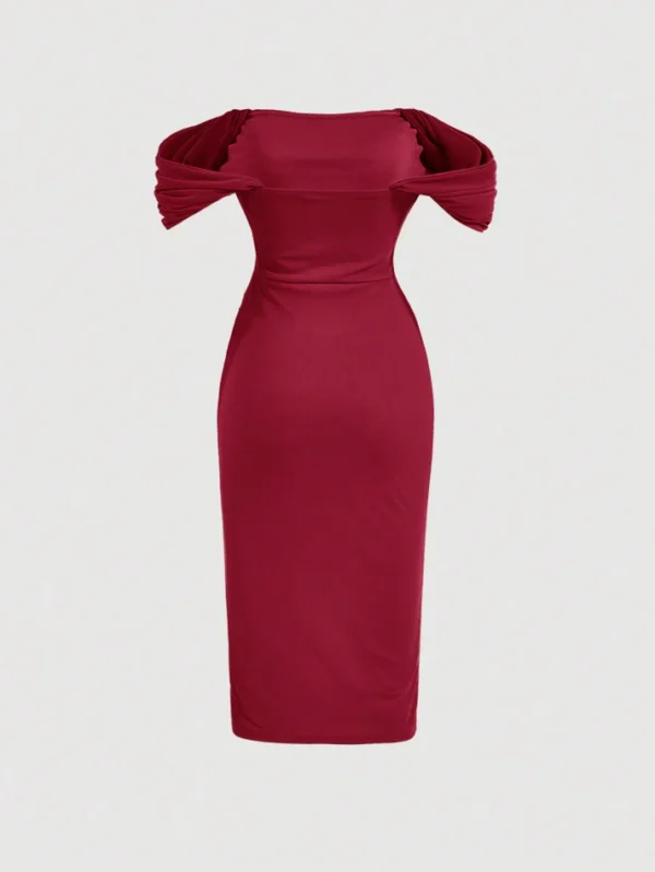 Image of a woman wearing a stylish off-shoulder bodycon dress from SHEIN, featuring ruched side detailing for a flattering fit and trendy look