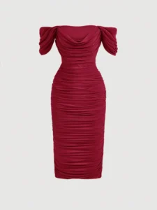 Image of a woman wearing a stylish off-shoulder bodycon dress from SHEIN, featuring ruched side detailing for a flattering fit and trendy look